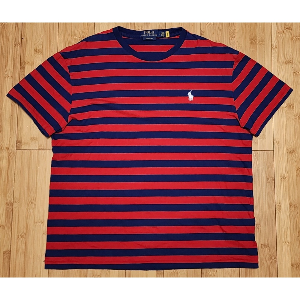 Polo Ralph Lauren Men Size Medium T-Shirt Red Blue Striped Classic Fit Pony Logo